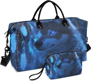 Wolf Dreamcatcher Blue Travel Duffel Bag with Toiletry Bag Weekender Bag for Carry on Sports Gym Bag for Sports Yoga Gym