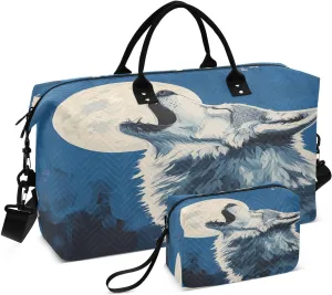 Wolf Moon Howl Blue Travel Duffel Bag with Toiletry Bag Weekender Bag for Carry on Sports Gym Bag for Weekend Travel Sports