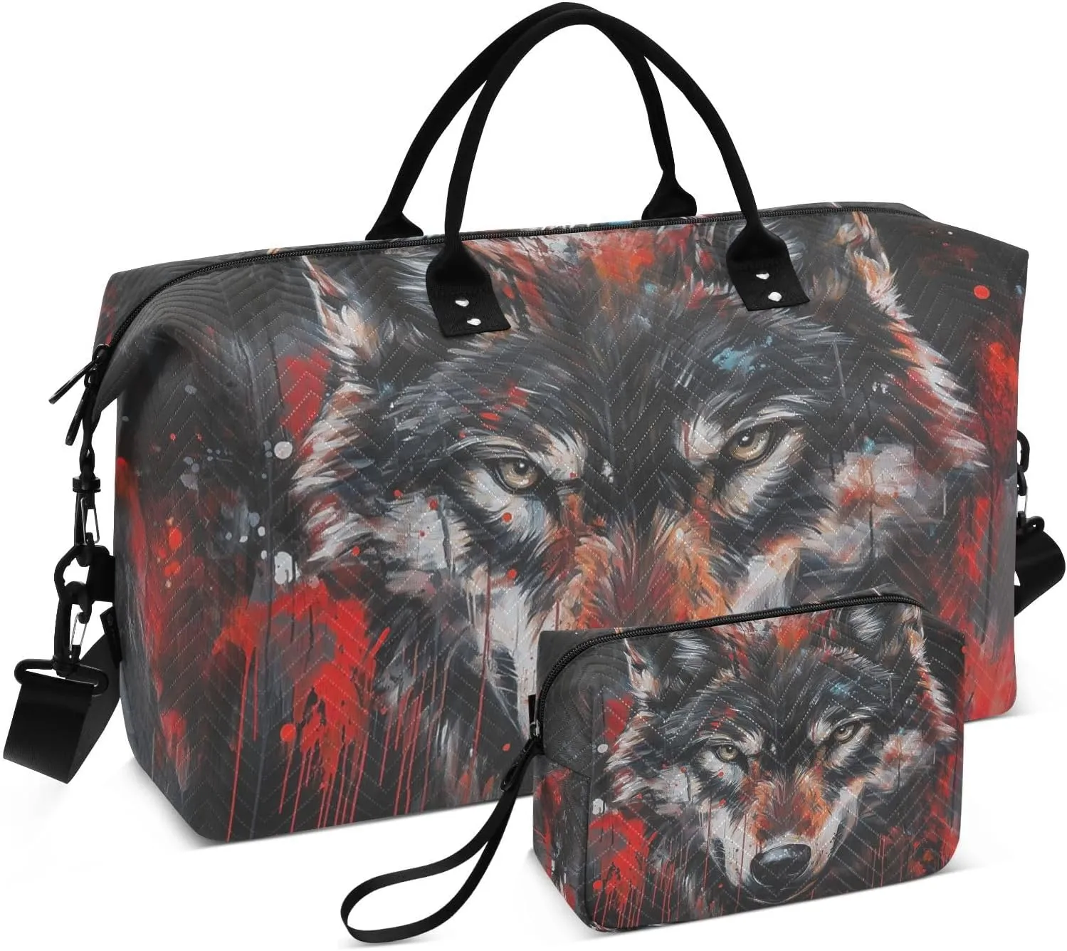 Wolf Splashes Black Travel Duffel Bag with Toiletry Bag Weekender Bag for Carry on Sports Gym Bag for Hospital Shopping