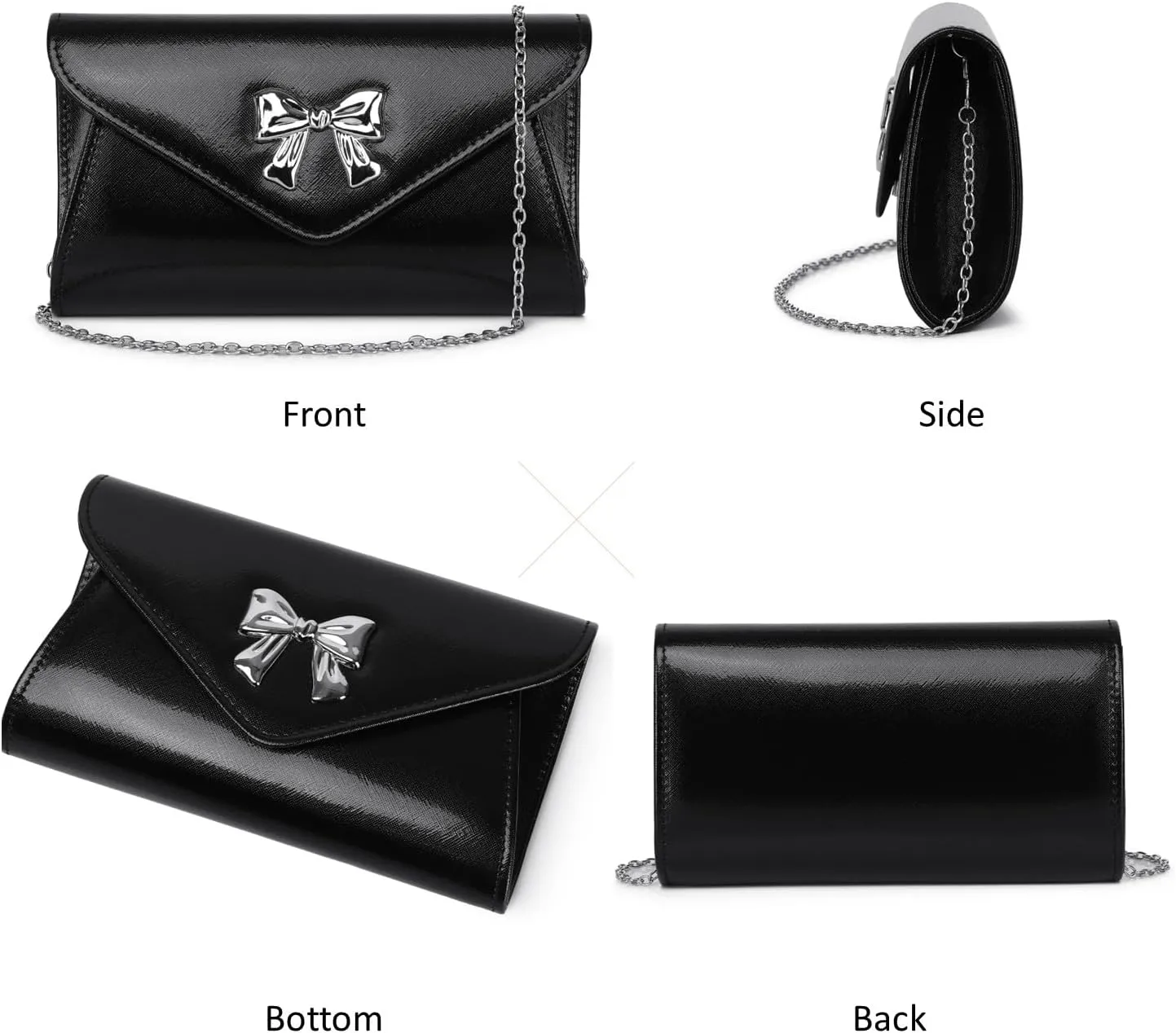 Women Bow Evening Clutch Purse Elegant PU Leather Shiny Party Bag with Detachable Chain Wedding Prom Handbag