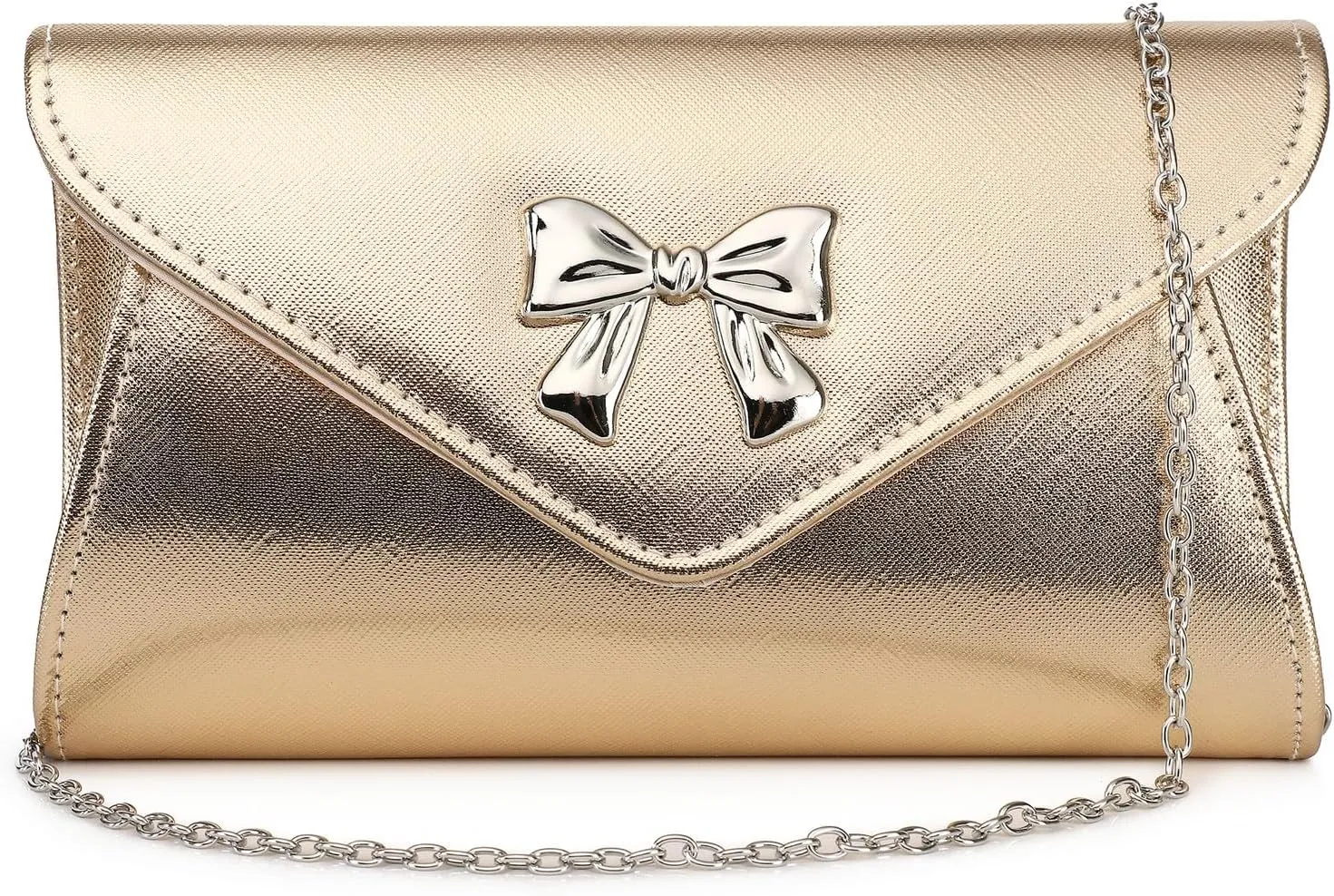 Women Bow Evening Clutch Purse Elegant PU Leather Shiny Party Bag with Detachable Chain Wedding Prom Handbag
