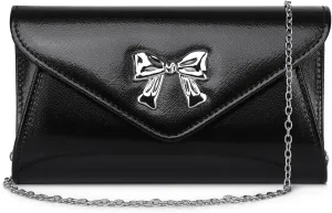 Women Bow Evening Clutch Purse Elegant PU Leather Shiny Party Bag with Detachable Chain Wedding Prom Handbag