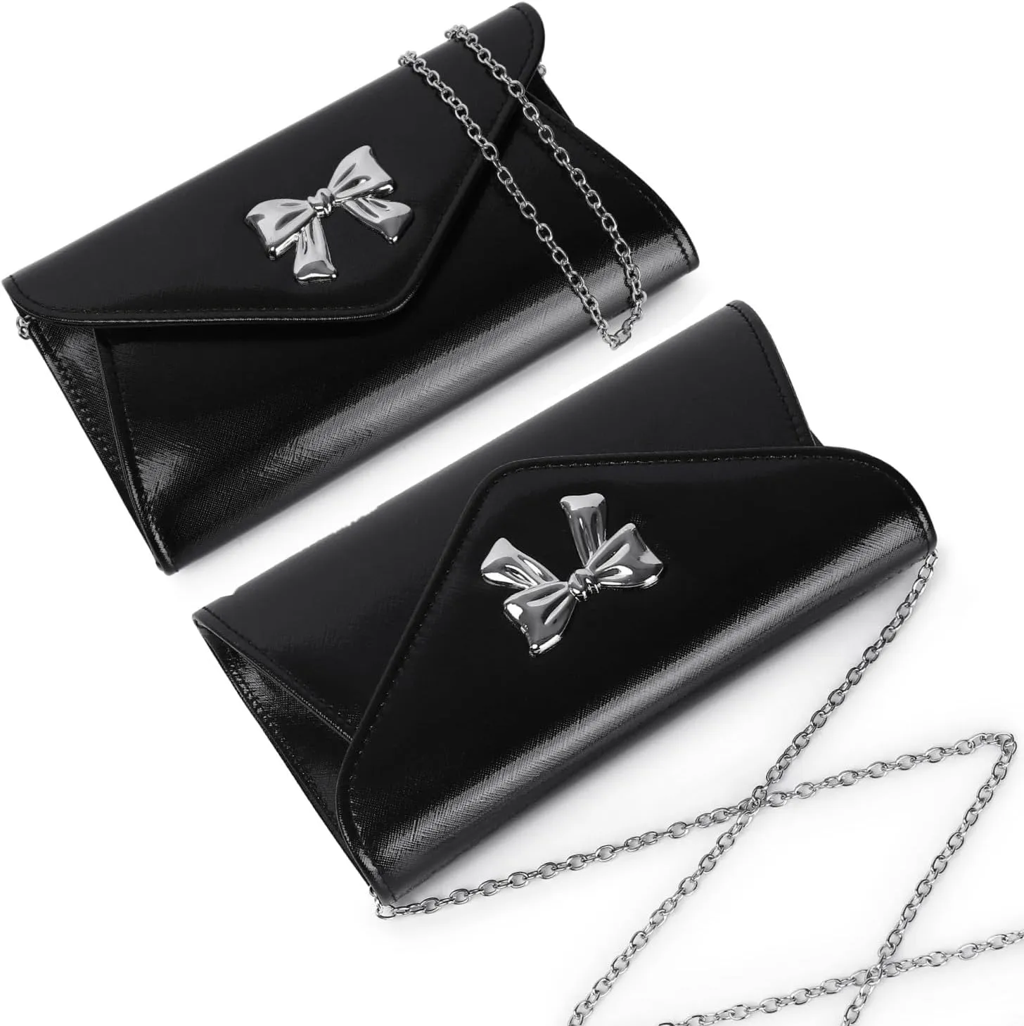 Women Bow Evening Clutch Purse Elegant PU Leather Shiny Party Bag with Detachable Chain Wedding Prom Handbag