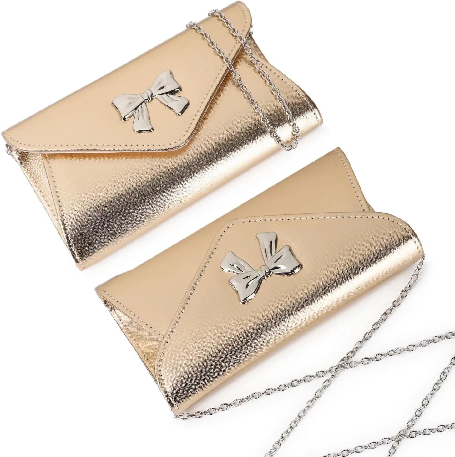 Women Bow Evening Clutch Purse Elegant PU Leather Shiny Party Bag with Detachable Chain Wedding Prom Handbag