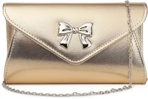 Women Bow Evening Clutch Purse Elegant PU Leather Shiny Party Bag with Detachable Chain Wedding Prom Handbag