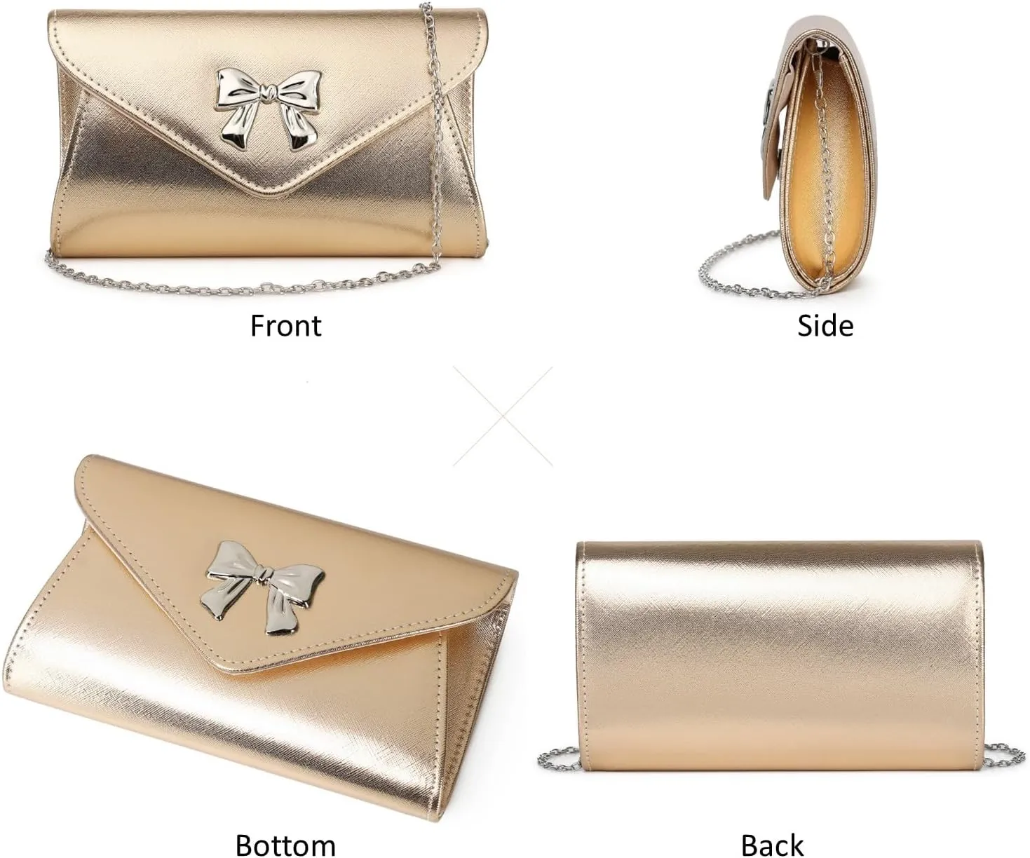 Women Bow Evening Clutch Purse Elegant PU Leather Shiny Party Bag with Detachable Chain Wedding Prom Handbag