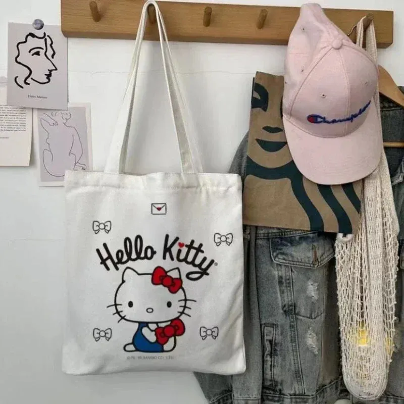 Women Cute Hello Kitty Canvas Tote Bag Femme Shopping Shoulder Bags Travel Tote Luxury Designer Handbags Bolsas Para Mujeres