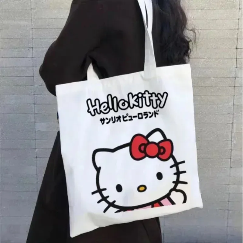 Women Cute Hello Kitty Canvas Tote Bag Femme Shopping Shoulder Bags Travel Tote Luxury Designer Handbags Bolsas Para Mujeres