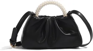 Women Evening Purse, Women Small Pearl Evening Handbags Soft Leather Ruched Clutch Crossbody Shoulder Bag for Party/Wedding