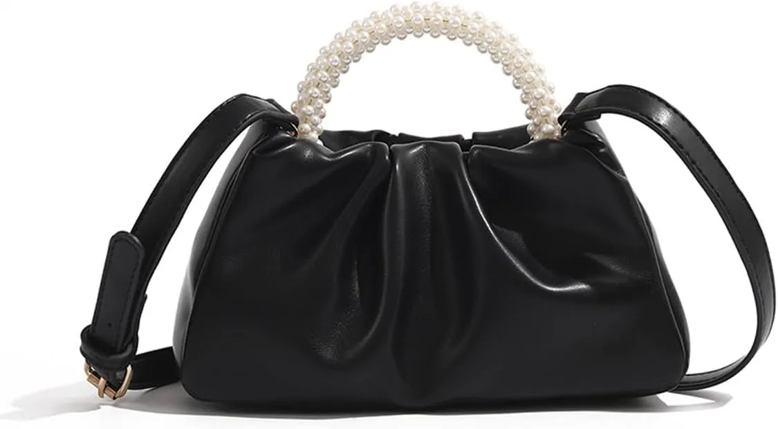 Women Evening Purse, Women Small Pearl Evening Handbags Soft Leather Ruched Clutch Crossbody Shoulder Bag for Party/Wedding