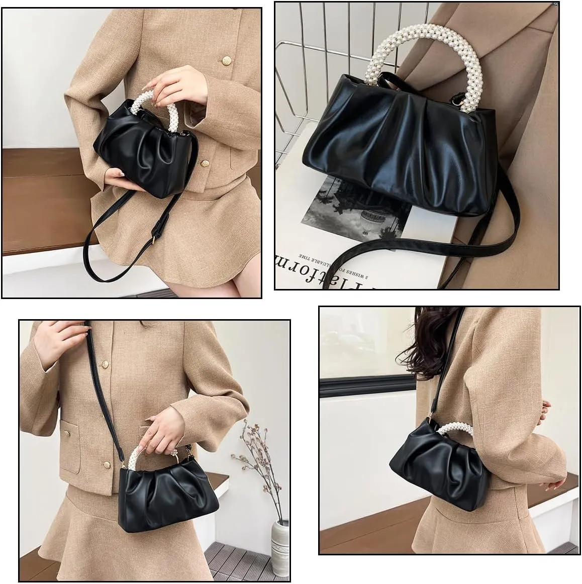 Women Evening Purse, Women Small Pearl Evening Handbags Soft Leather Ruched Clutch Crossbody Shoulder Bag for Party/Wedding