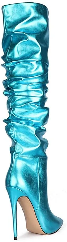 Women Fashion Slouchy Knee High Boots Pointed Toe High Heel Thigh High Boot Patent Mirror Stiletto Shoes