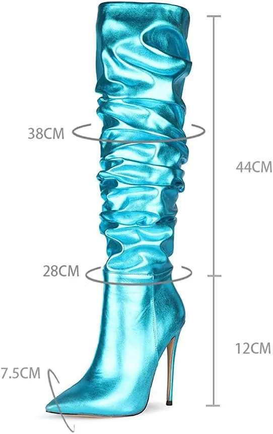 Women Fashion Slouchy Knee High Boots Pointed Toe High Heel Thigh High Boot Patent Mirror Stiletto Shoes
