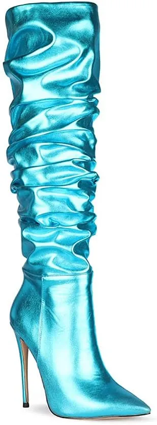 Women Fashion Slouchy Knee High Boots Pointed Toe High Heel Thigh High Boot Patent Mirror Stiletto Shoes