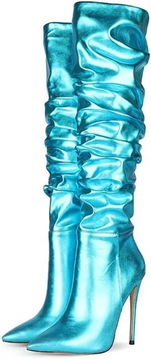 Women Fashion Slouchy Knee High Boots Pointed Toe High Heel Thigh High Boot Patent Mirror Stiletto Shoes