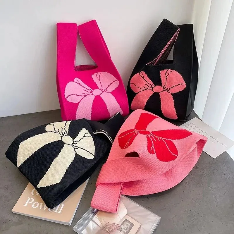 Women Handmade Knot Wrist Bag CNew Bowknot Knit Handbags asual Small Bow Tote Bag Girls Reusable Shopping Bags