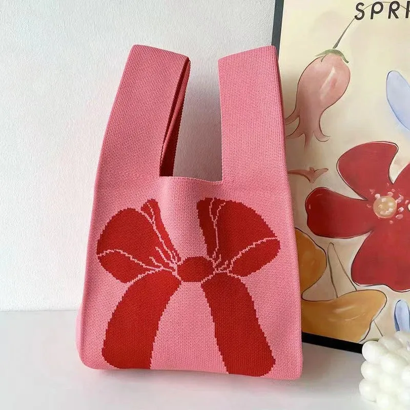 Women Handmade Knot Wrist Bag CNew Bowknot Knit Handbags asual Small Bow Tote Bag Girls Reusable Shopping Bags