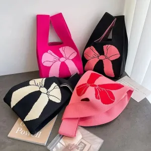 Women Handmade Knot Wrist Bag CNew Bowknot Knit Handbags asual Small Bow Tote Bag Girls Reusable Shopping Bags