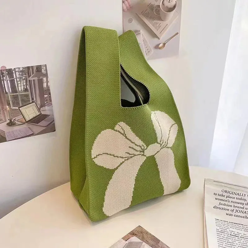 Women Handmade Knot Wrist Bag CNew Bowknot Knit Handbags asual Small Bow Tote Bag Girls Reusable Shopping Bags