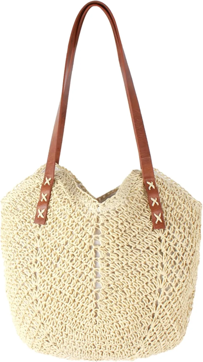 Women Large Straw Woven Shoulder Bag Beach Travel Handbag Top-handle Bag Tote