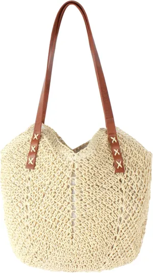 Women Large Straw Woven Shoulder Bag Beach Travel Handbag Top-handle Bag Tote