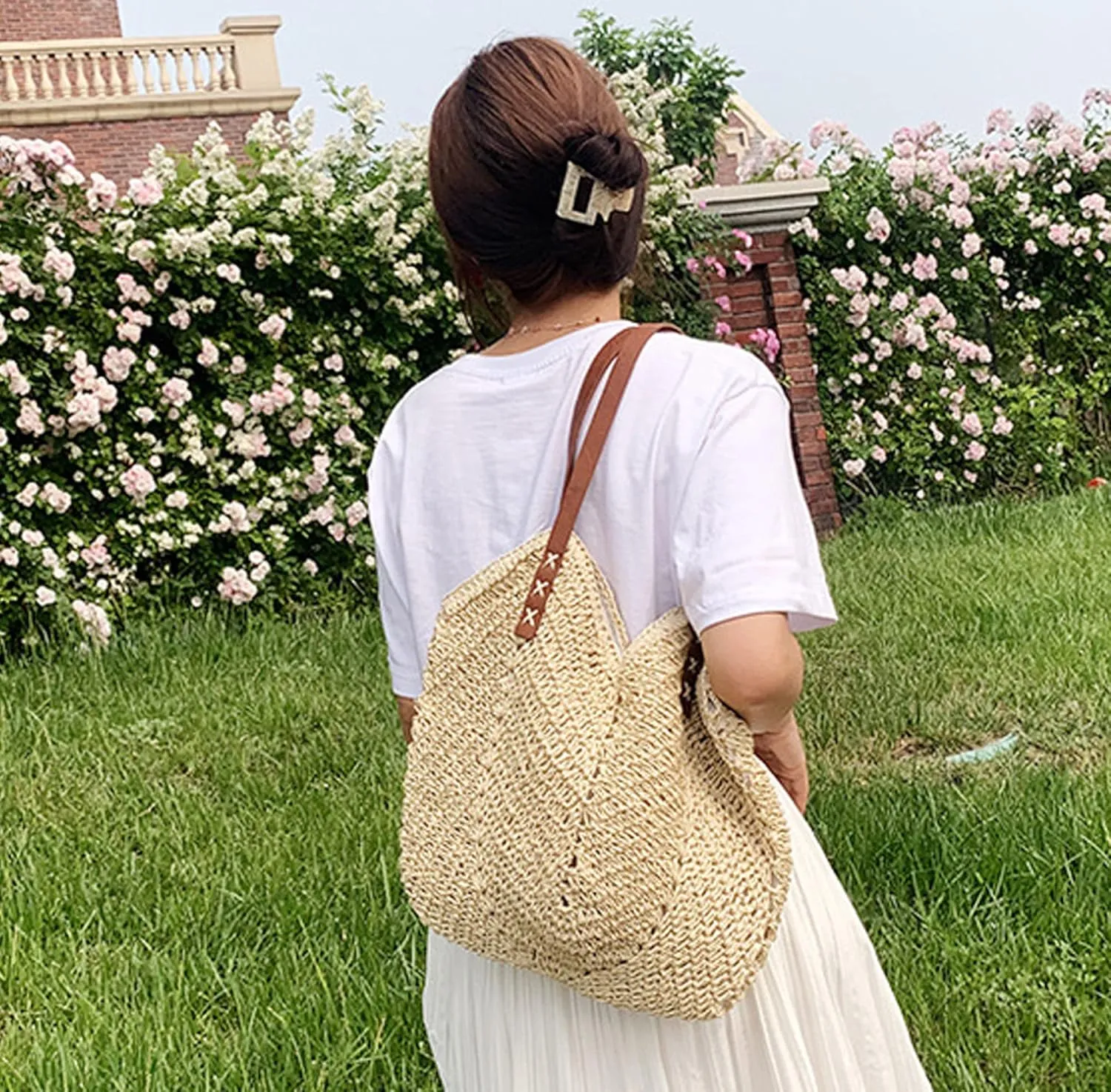 Women Large Straw Woven Shoulder Bag Beach Travel Handbag Top-handle Bag Tote