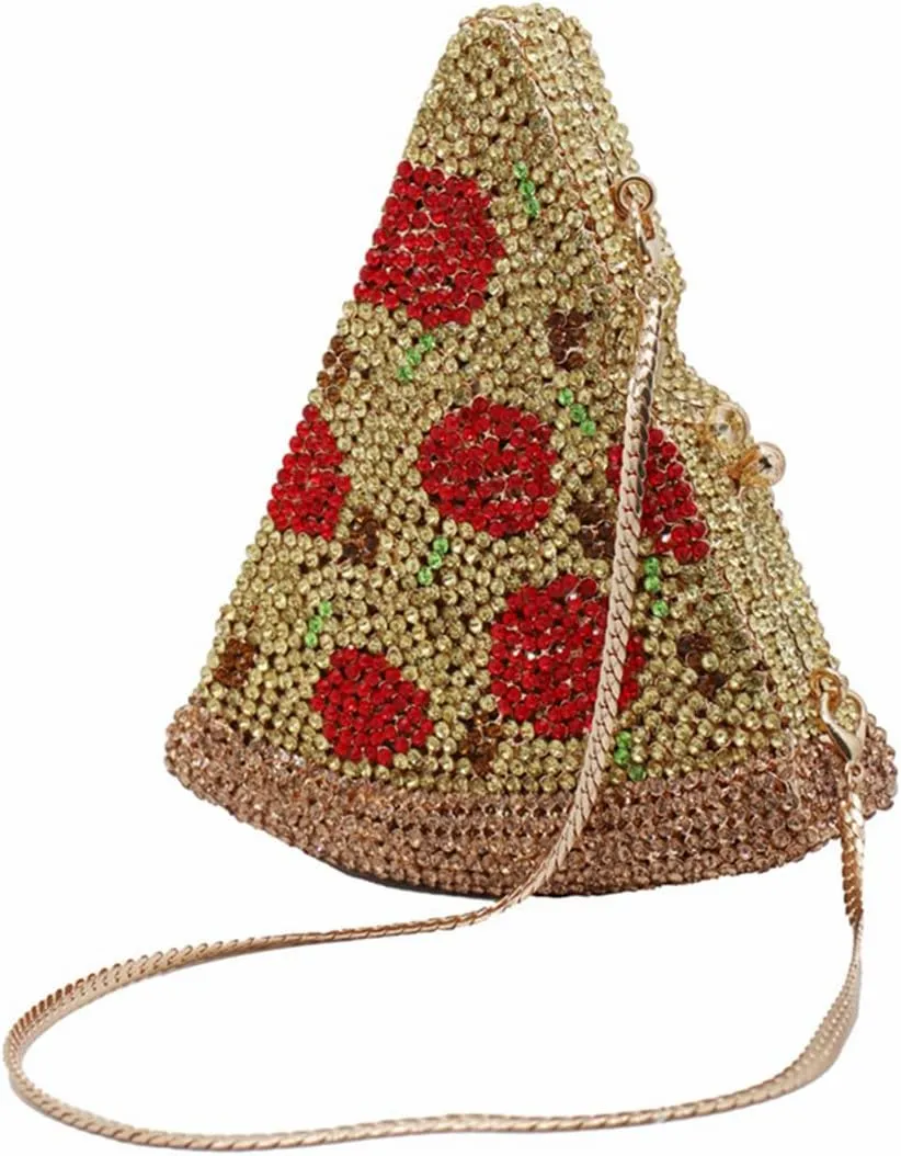 Women Novelty Pizza Shaped Rhinestone Evening Bag Funny Pizza Crystal Clutch Purse Diamonds Handbag for Party Prom