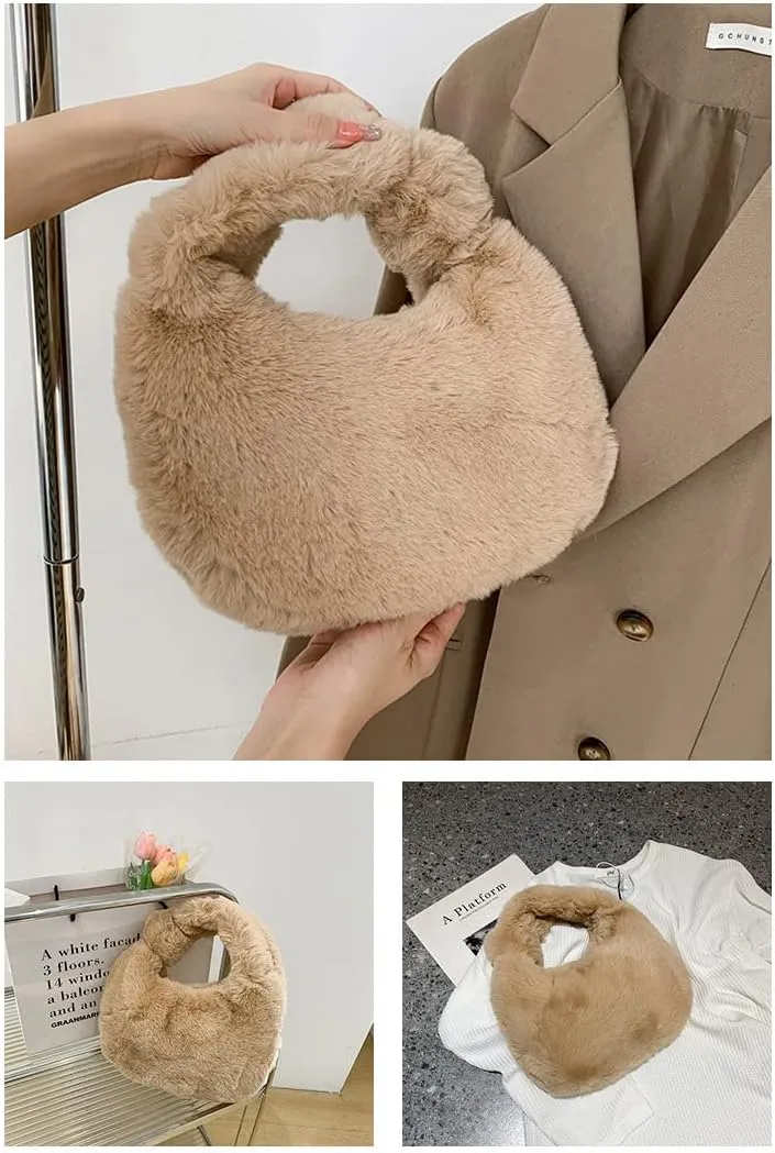 Women Plush Tote Bag Fluffy Underarm Purse Faux Fur Shoulder Handbag Fuzzy Tied Bag Winter Christmas Gifts