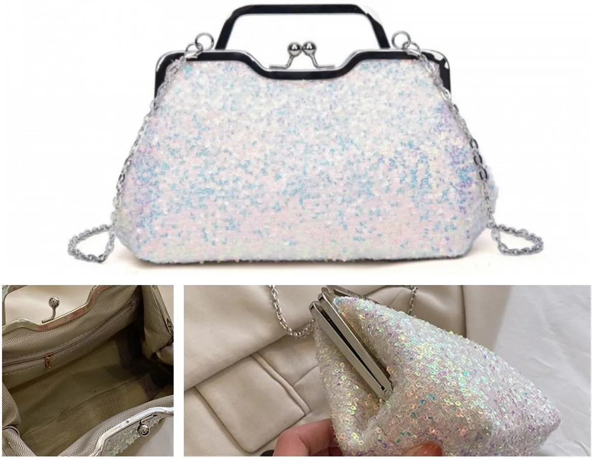 Women Sequins Evening Handbag Glitter Top Handle Purse Chain Cross-body Bag