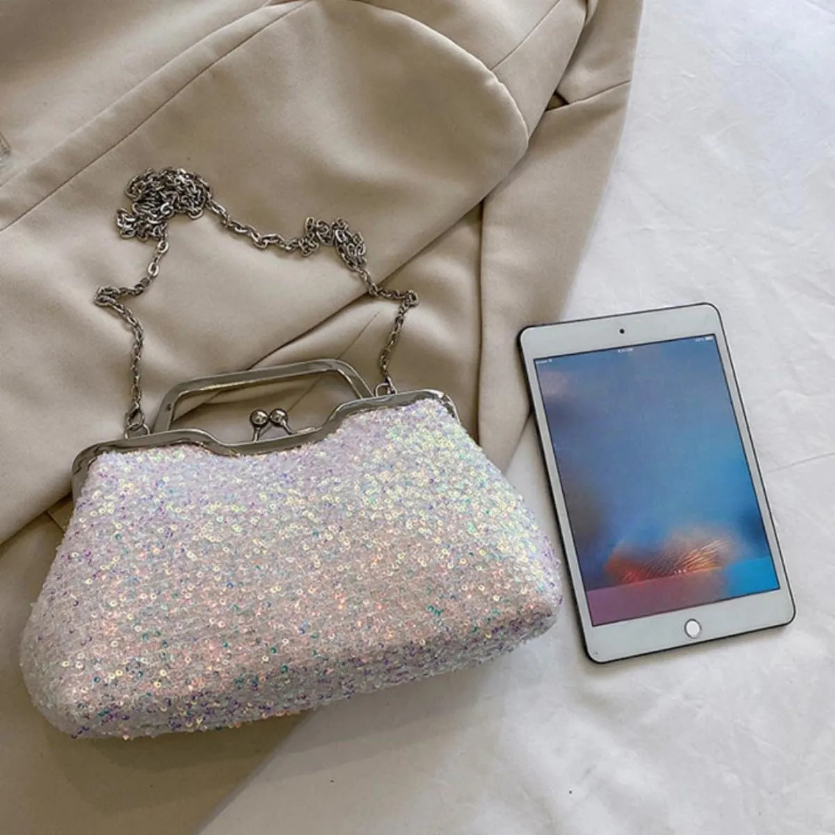 Women Sequins Evening Handbag Glitter Top Handle Purse Chain Cross-body Bag