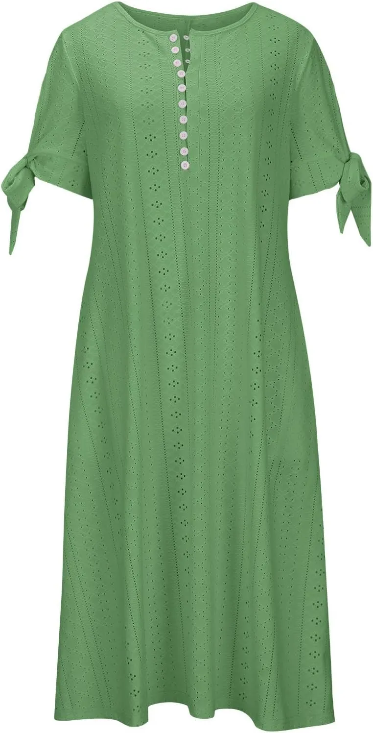 Women Short Sleeve Beach Midi Dresses Lightweight Eyelet Sundress Comfortable Trendy Clothes with Pockets