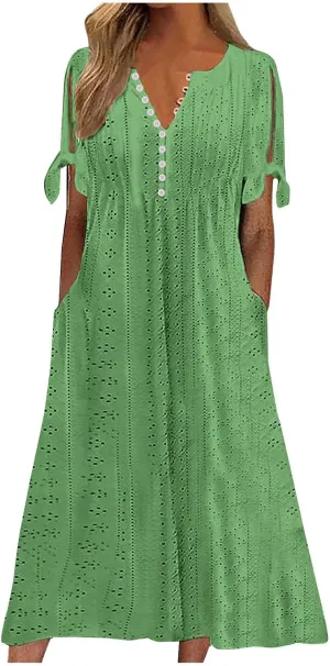 Women Short Sleeve Beach Midi Dresses Lightweight Eyelet Sundress Comfortable Trendy Clothes with Pockets
