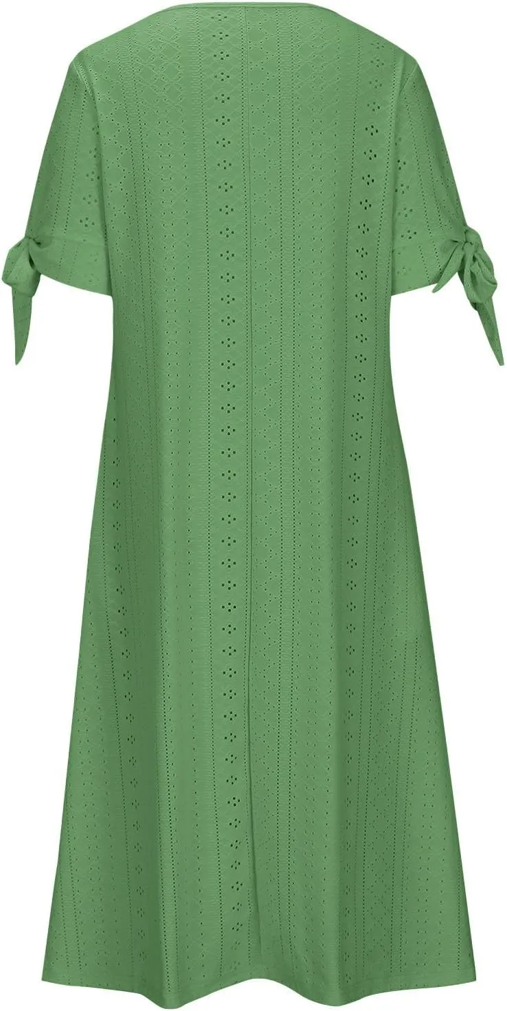 Women Short Sleeve Beach Midi Dresses Lightweight Eyelet Sundress Comfortable Trendy Clothes with Pockets