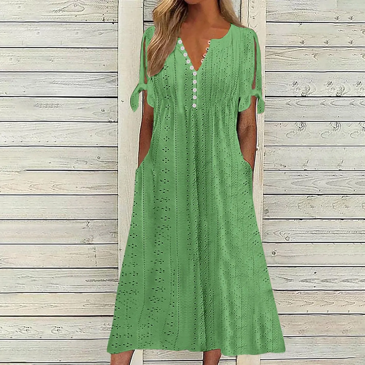 Women Short Sleeve Beach Midi Dresses Lightweight Eyelet Sundress Comfortable Trendy Clothes with Pockets