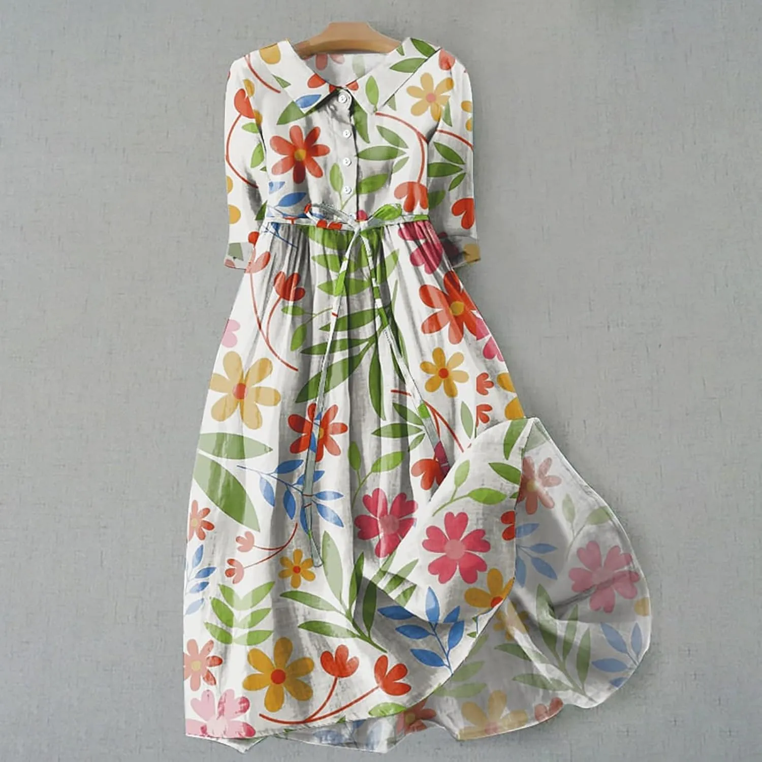 Women Summer Cotton Linen Dress 3/4 Sleeve Crew Neck Loose Long Dress Double Layers Flowy Smocked Tiered Dress