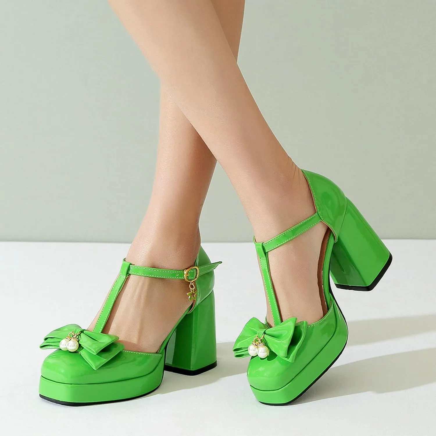 Women T Strap Mary Janes Platform Square Toe Bow Pumps Block High Heel Ankle Strap Lolita Shoes