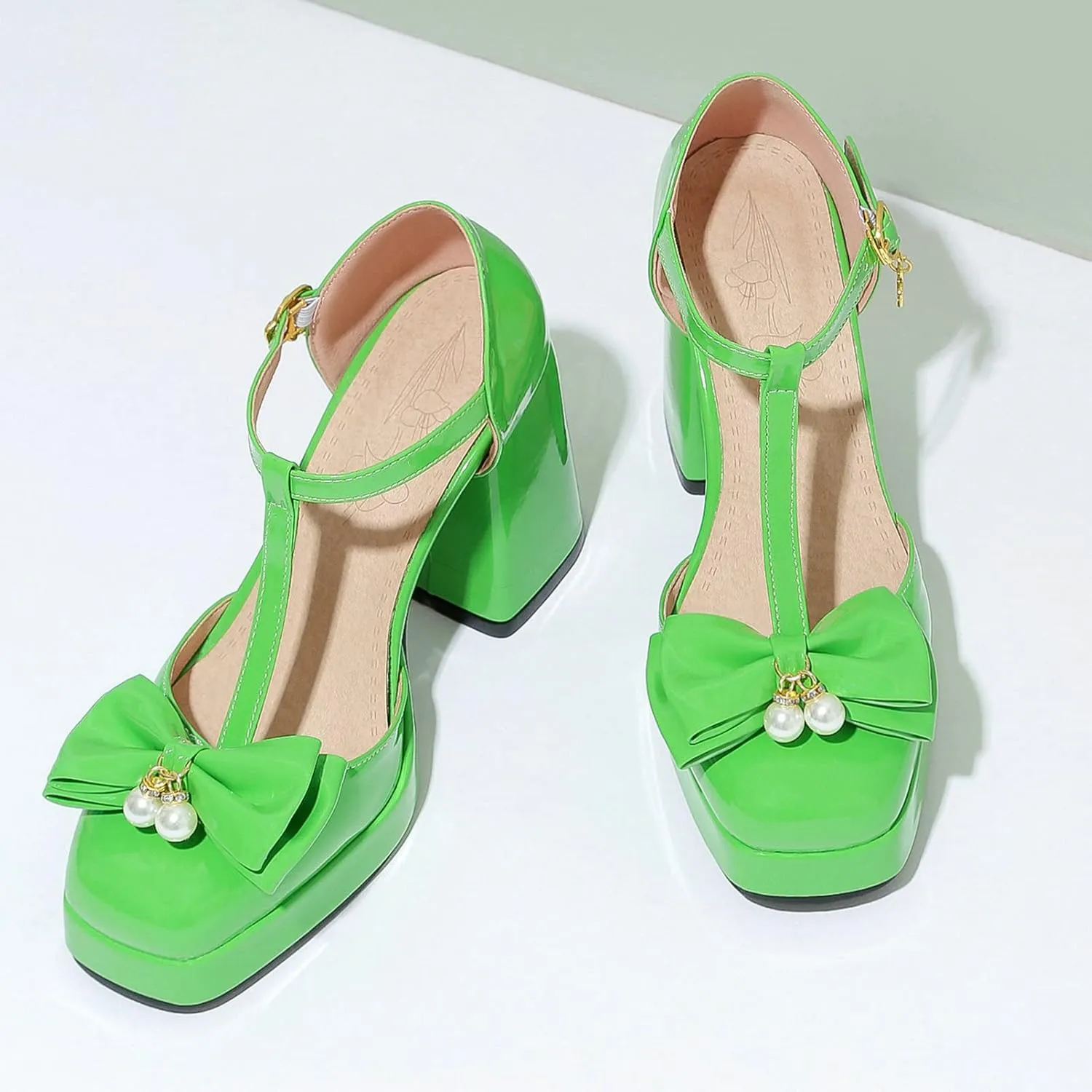 Women T Strap Mary Janes Platform Square Toe Bow Pumps Block High Heel Ankle Strap Lolita Shoes