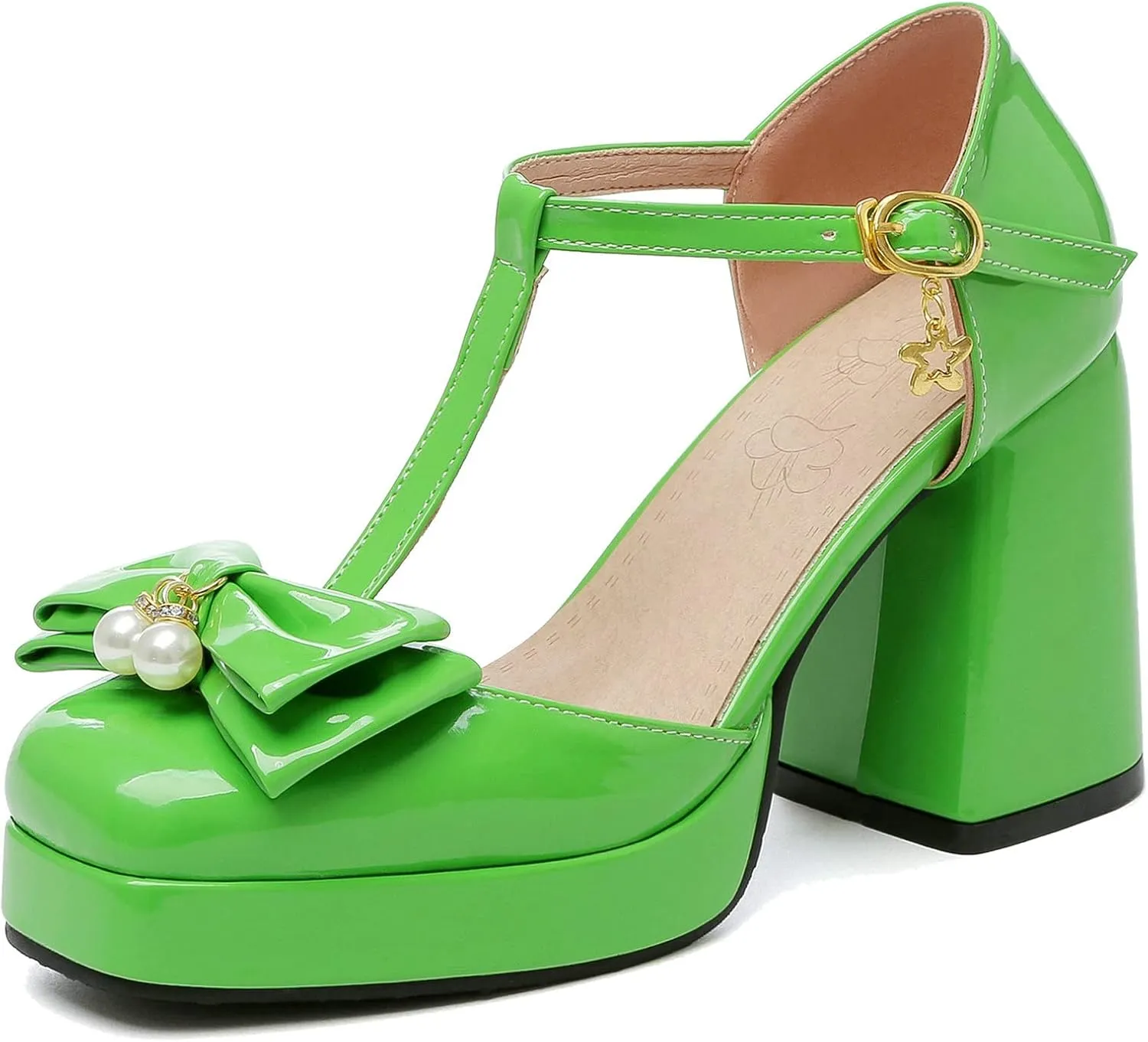 Women T Strap Mary Janes Platform Square Toe Bow Pumps Block High Heel Ankle Strap Lolita Shoes
