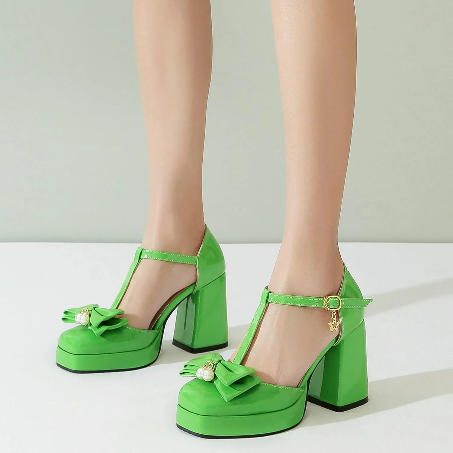 Women T Strap Mary Janes Platform Square Toe Bow Pumps Block High Heel Ankle Strap Lolita Shoes