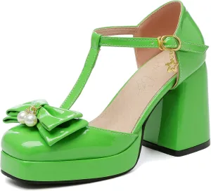 Women T Strap Mary Janes Platform Square Toe Bow Pumps Block High Heel Ankle Strap Lolita Shoes