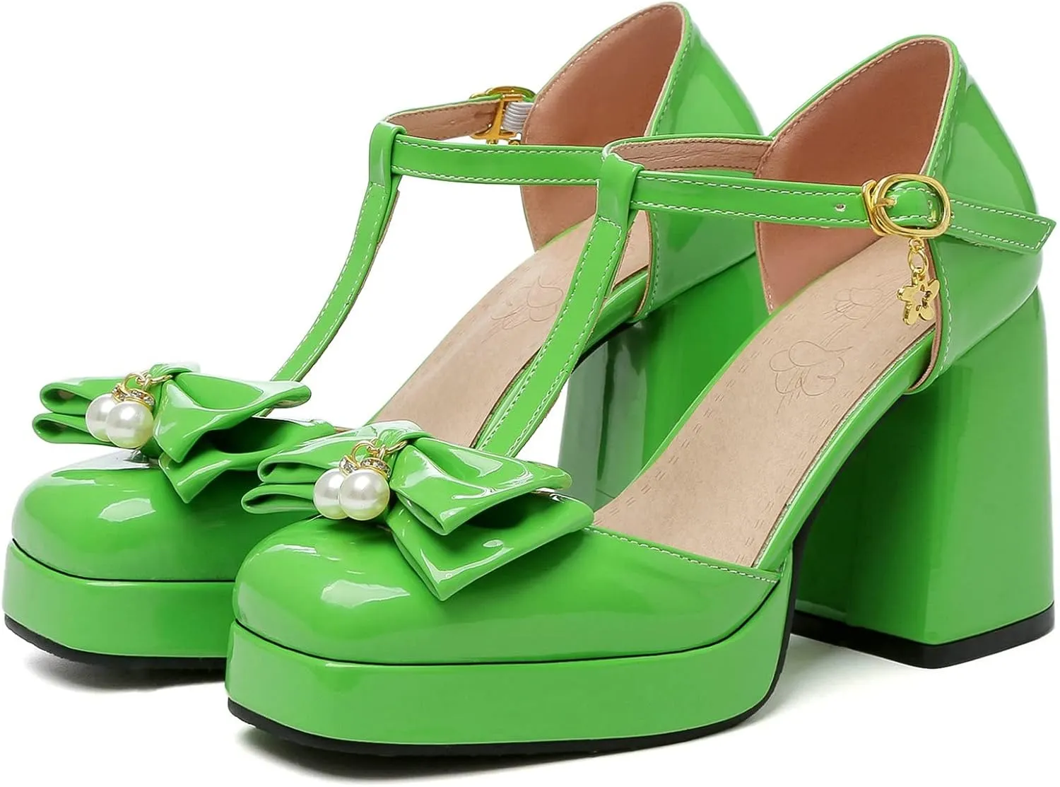 Women T Strap Mary Janes Platform Square Toe Bow Pumps Block High Heel Ankle Strap Lolita Shoes