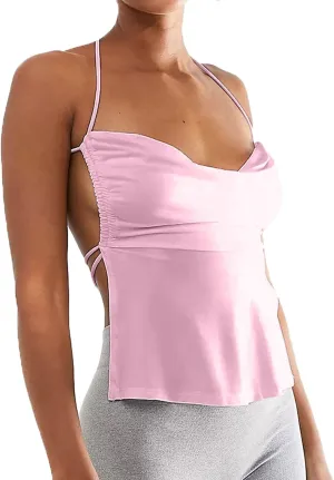 Women Tank Top Y2K Backless Crop Top Vintage Tie Up Spaghetti Strap Camisoles Sleeveless Cami Tops Streetwear