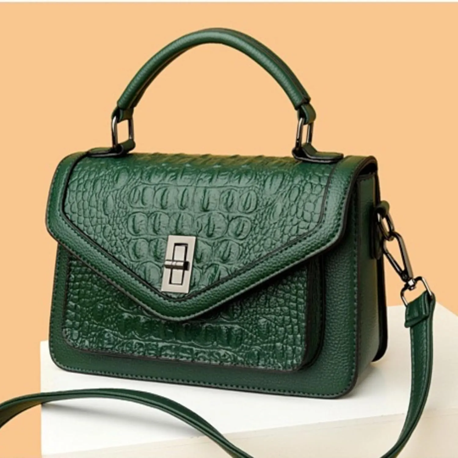 Women Vegan Leather Evening Handbag Crocodile Pattern Handle Clutch Purse Cross Body Envelope Bag