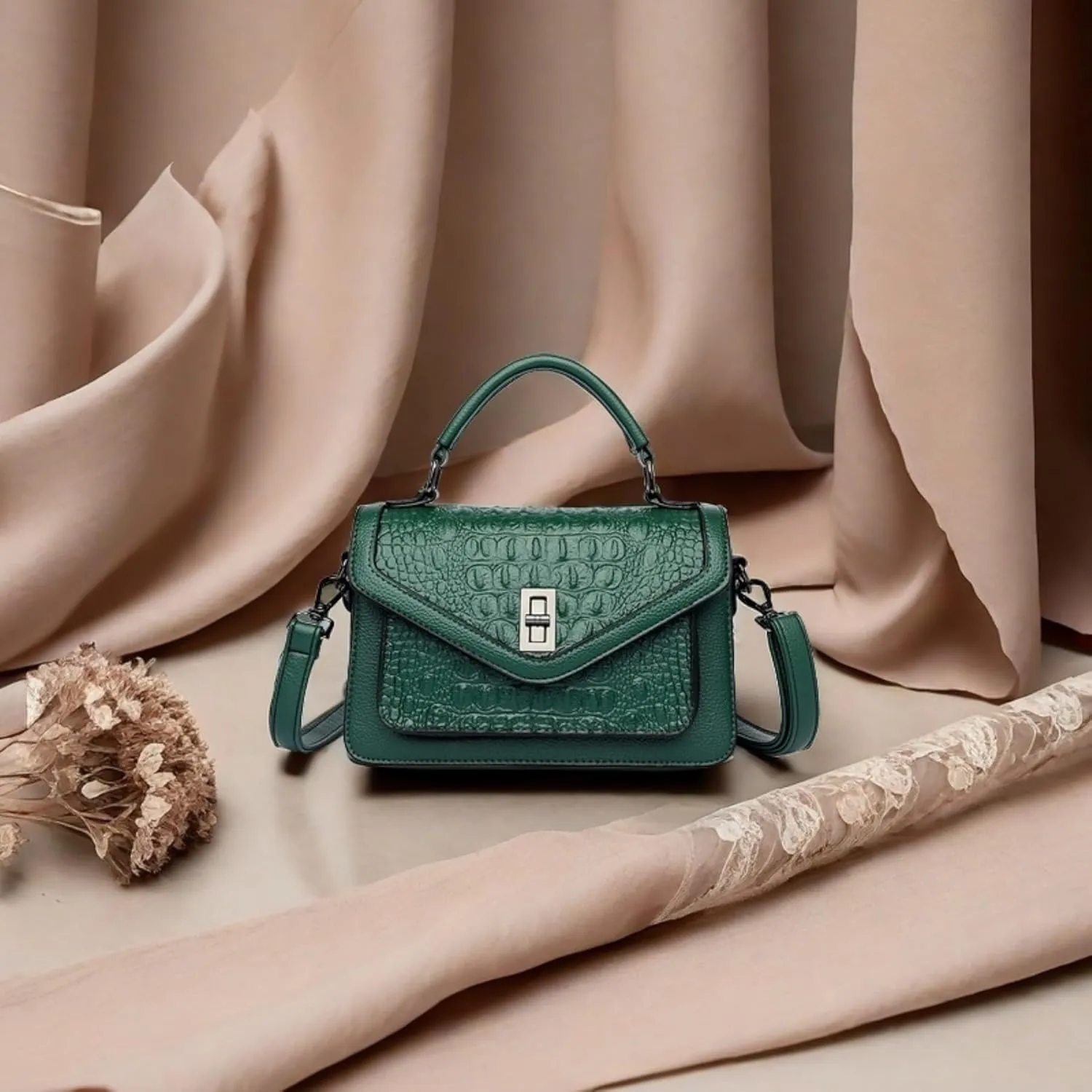 Women Vegan Leather Evening Handbag Crocodile Pattern Handle Clutch Purse Cross Body Envelope Bag