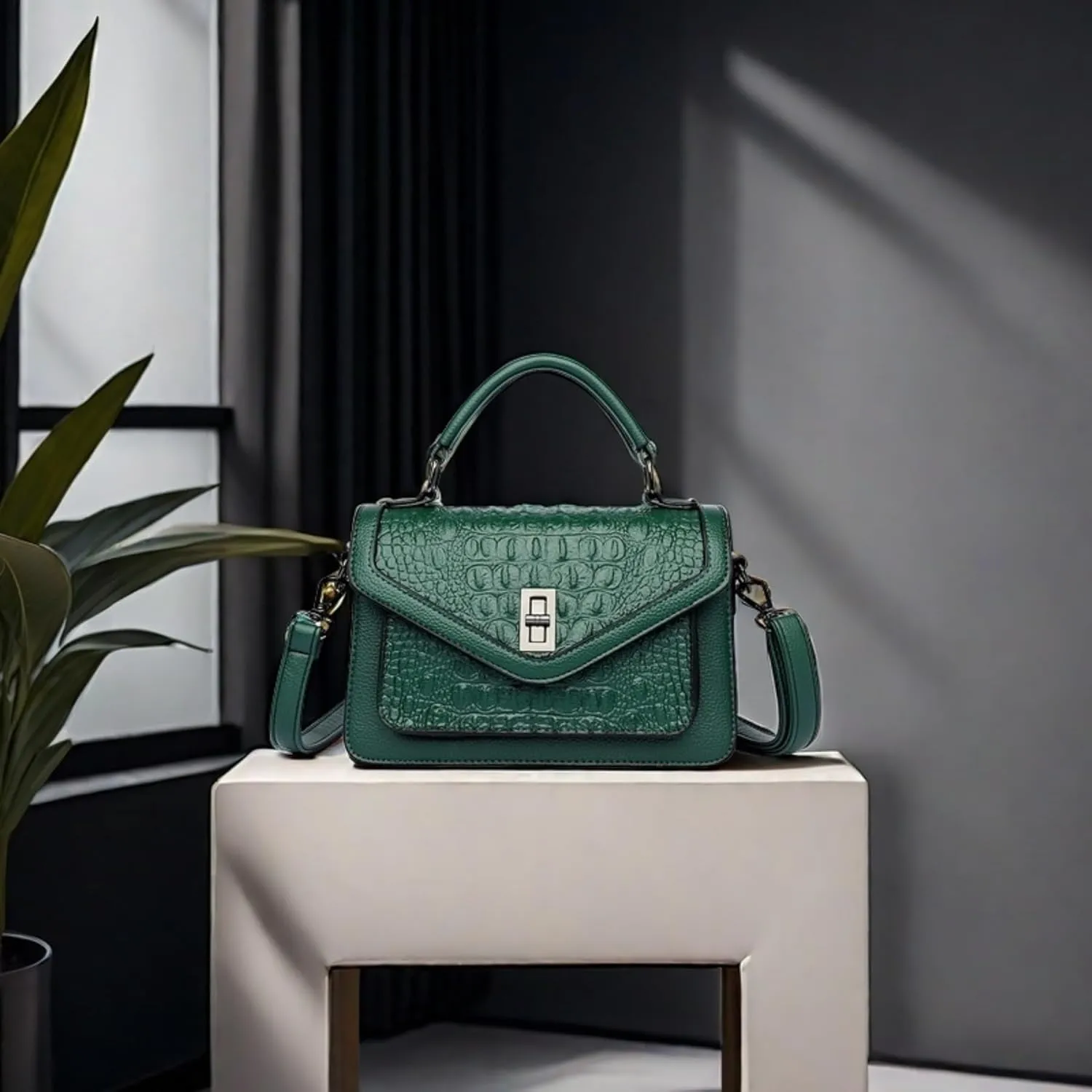 Women Vegan Leather Evening Handbag Crocodile Pattern Handle Clutch Purse Cross Body Envelope Bag