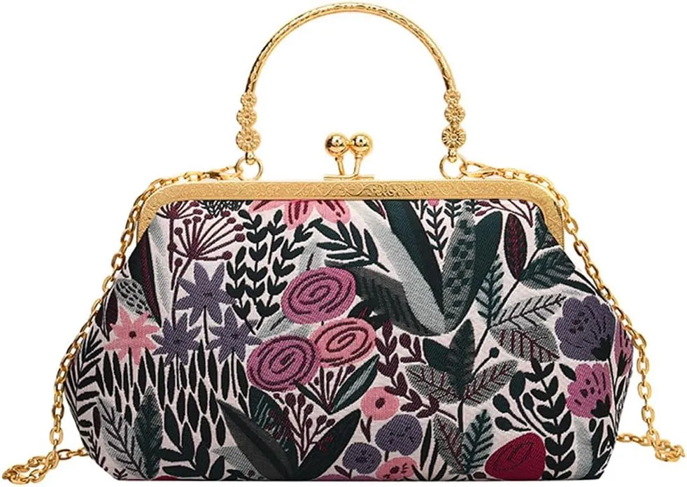Women Vintage Flower Embroidery Handbag Evening Purse Crossbody Shoulder Bag with Chain Strap