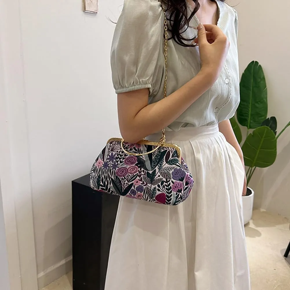 Women Vintage Flower Embroidery Handbag Evening Purse Crossbody Shoulder Bag with Chain Strap