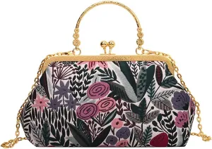 Women Vintage Flower Embroidery Handbag Evening Purse Crossbody Shoulder Bag with Chain Strap