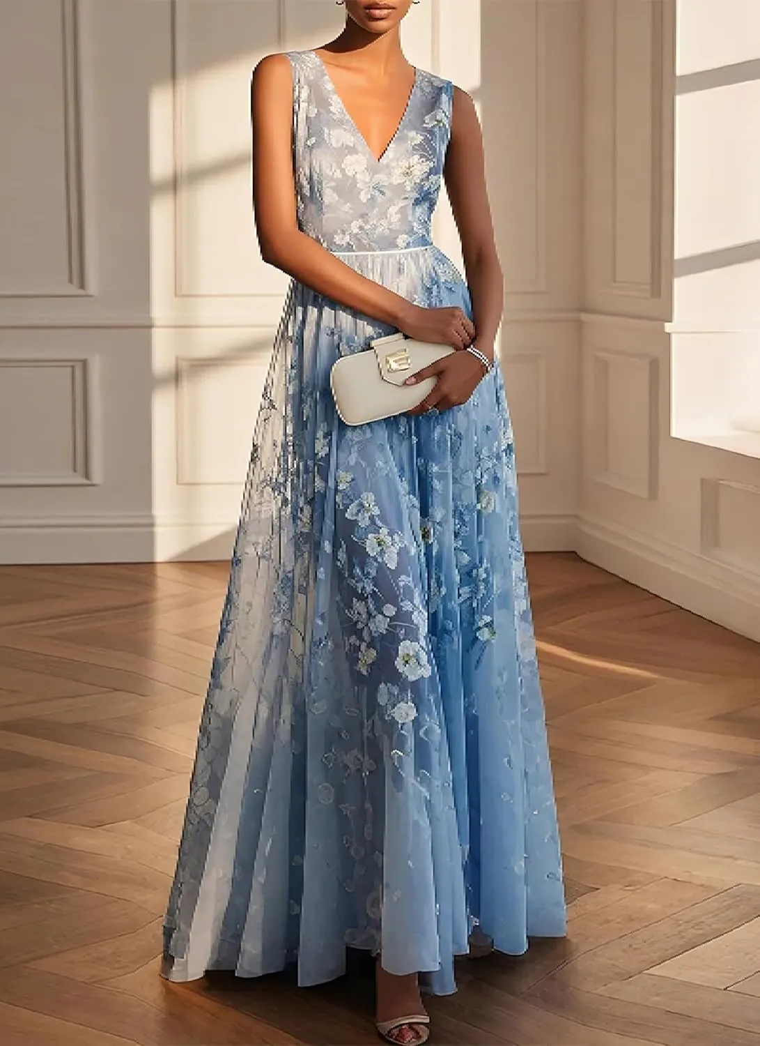 Women's 2025 Summer Sexy V Neck Floral Print Sleeveless Maxi Dress Elegant Blue Lace Micro Pleated Hem Fashion Dress