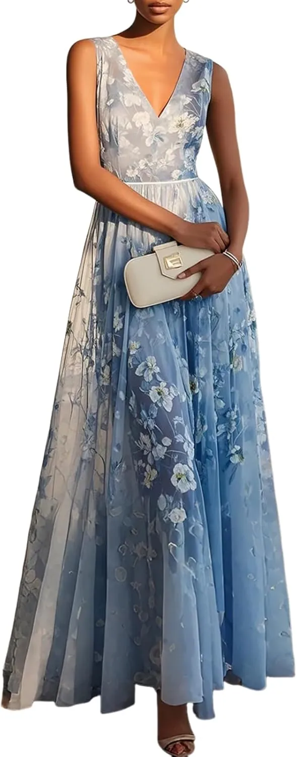 Women's 2025 Summer Sexy V Neck Floral Print Sleeveless Maxi Dress Elegant Blue Lace Micro Pleated Hem Fashion Dress